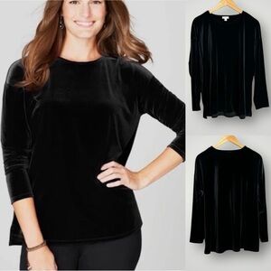 J Jill | Velvet Top Long Sleeve Side Slit Stretch Black Pullover